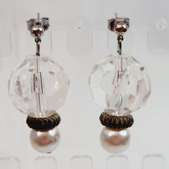 Chunky Dangle Earrings White Faux Pearl Fun Clear Faceted Bead Party Date Night - Picture 1 of 5